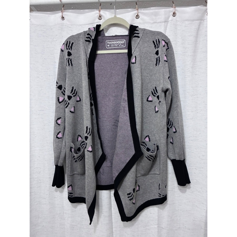 ThinkGeek Gray Cat Face Hooded Open Front Cardigan Sweater Pockets Womens Medium